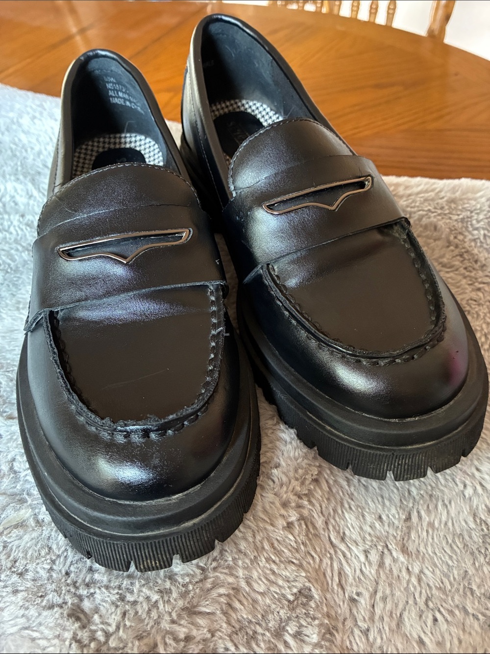 Seychelles Black Leather Lug-Sole Penny Loafers